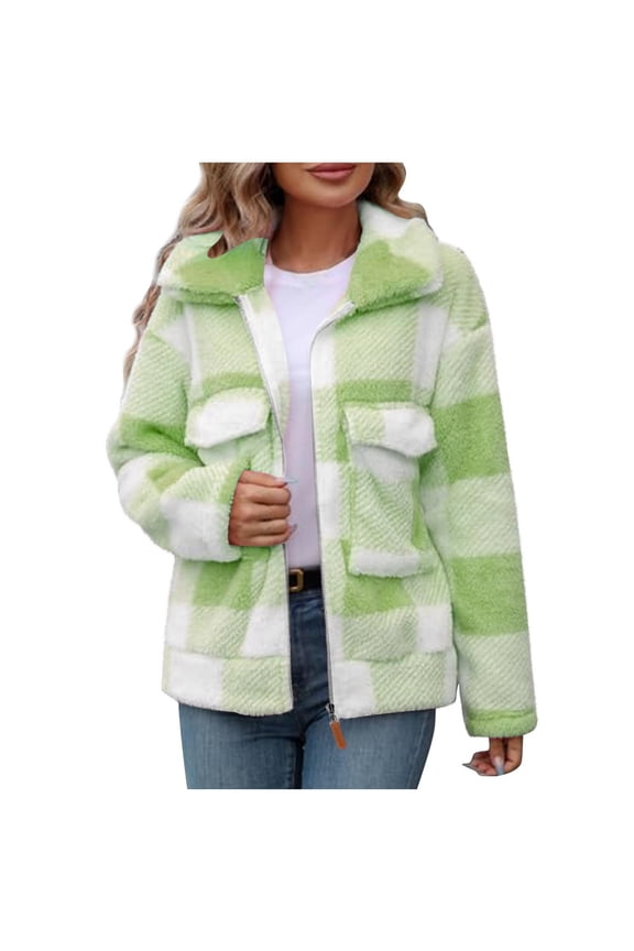 Winter Warm Sherpa Jacket Women Fuzzy Fleece Coats Shacket Fashion Casual Long Sleeve Zipper Up Plaid Teddy Outwear