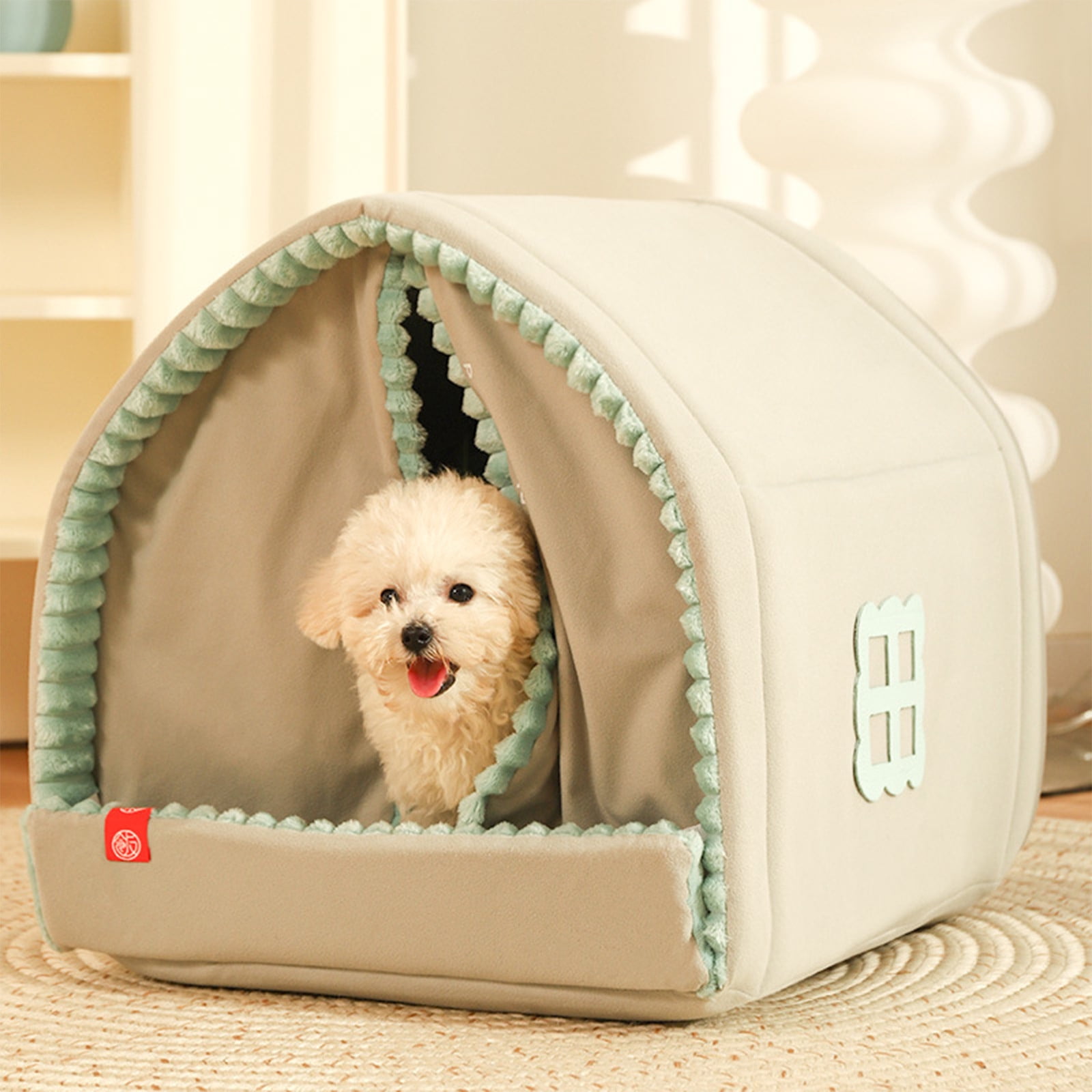Winter Warm Small Pet House for Small and Medium Dogs Cats, Soft Comforatble Closed Pet Bed Kennel House 15.3x14.2x14.2 Inch Green
