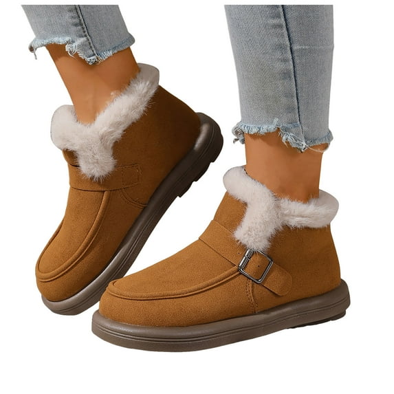 Winter Warm Snow Boots for Women Faux Furry Lined Ankle Booties Fluffy Buckle Decor Slip On Comfortable Platform Boots Brown Size 7.5