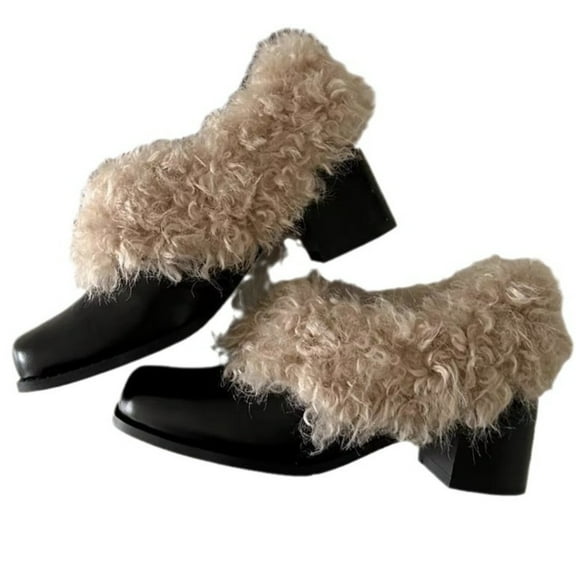 Winter Warm Square-Toe Slip-On Mary Jane Shoes, Retro Plush Lined Loafers, Cozy Fleece Lined Chunky-Heel Flats, Trendy Soft Comfy Casual Fashion Shoes for Women