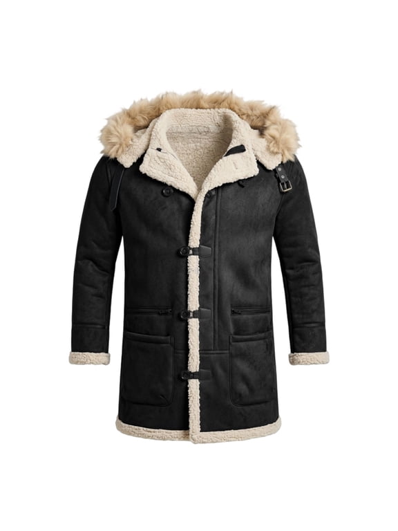 Winter Warm Suede Jackets for Men Sherpa Lined Jacket Outwear Men Toggle Coat Hooded Thick Fleece Jacket Single Breasted Overcoat with Fluffy Hood Collar and Cuffs