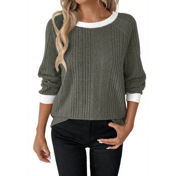 Winter Warm Sweaters Womens Ribbed Knit Raglan Shirt Sweater Crewneck Color Block Tops Pullover Army Green, M