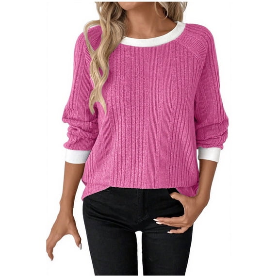 Winter Warm Sweaters Womens Ribbed Knit Raglan Shirt Sweater Crewneck Color Block Tops Pullover Hot Pink, M