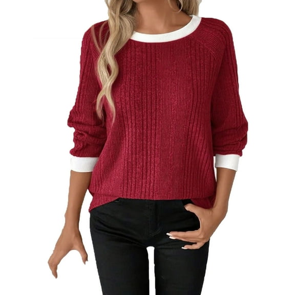 Winter Warm Sweaters Womens Ribbed Knit Raglan Shirt Sweater Crewneck Color Block Tops Pullover Wine, L