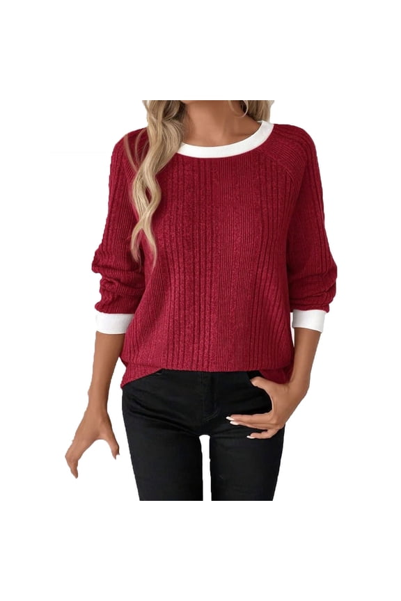 Winter Warm Sweaters Womens Ribbed Knit Raglan Shirt Sweater Crewneck Color Block Tops Pullover Wine, XL
