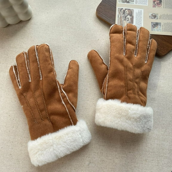 Winter Warm Thermal Suede Leather Fleece Lining Driving Gloves Xmas Gift Men Contrast Glove Women