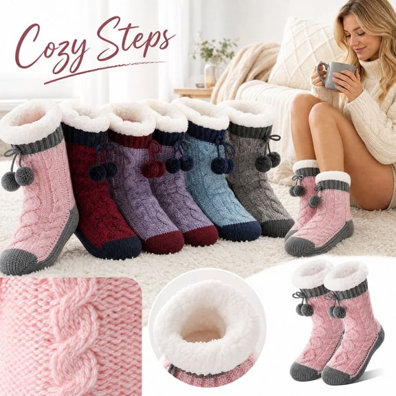 Winter Warm Thick Fleece Lined Cable Knit Slipper Booties with Gripper Sole for Home Loungewear One Size