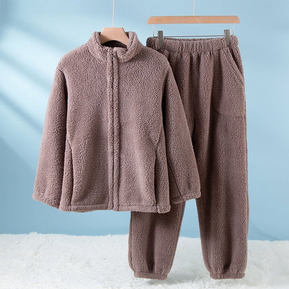 Winter Warm Thick Velvet Pajama Set - Women's Solid Color Loose Fit, Long Sleeves, Zipper Pockets & Elastic Waist Loungewear Brown M