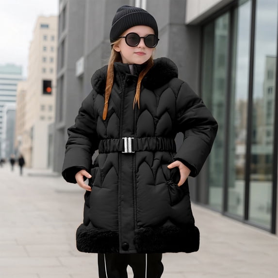 Winter Warm Thickened Hooded Long Coat for Girls Thermal Padded Jacket Outerwear Toddler and Big Kids Cozy Insulated Windproof