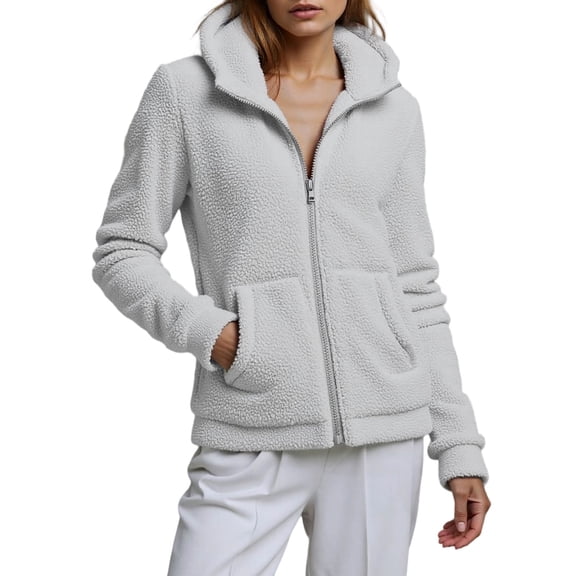 Winter Warm Women Fleece Hooded Sweatshirt Lightweight Full Zip Long Sleeve Fuzzy Jackets with Large Front Pockets