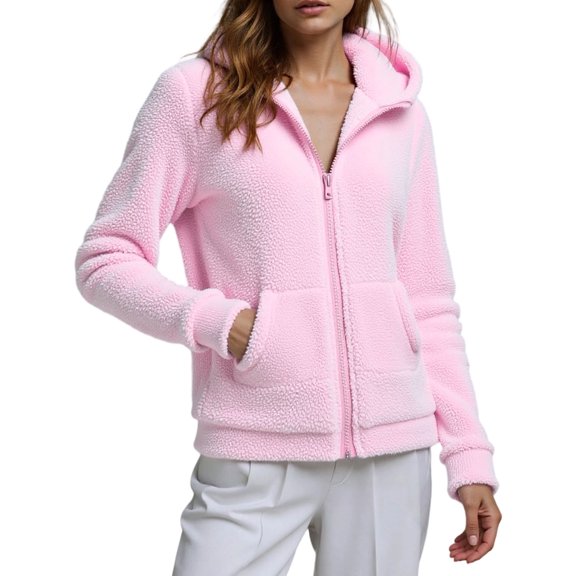 Winter Warm Women Fleece Hooded Sweatshirt Lightweight Full Zip Long Sleeve Fuzzy Jackets with Large Front Pockets