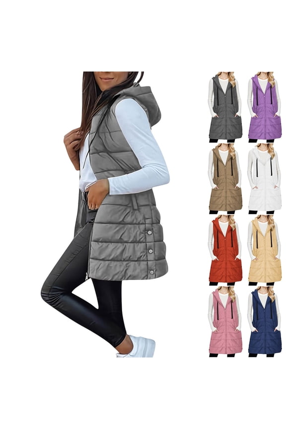 Winter Warm Women's Long Puffer Jacket Coat Stand Collar Sleeveless Vest with Pockets Thermal Thickened Outerwear for Cold Weather | CSEONE,Dark Blue XL