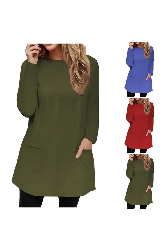 Winter Warm Women's Round Neck Long Sleeve Loose Fit Pocket Top Shirt Blouse Casual Thermal Thickened Pullover for Cold Weather | CSEONE,Red XL