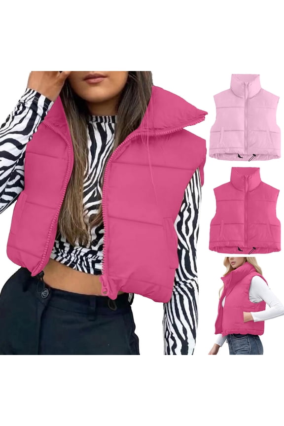 Winter Warm Women's Sleeveless Crop Padded Gilet Waistcoat Top Outerwear Coat Thermal Thickened Insulated Vest for Cold Weather | CSEONE,Pink L