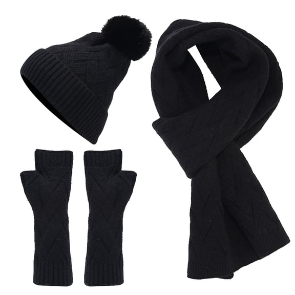 Winter Warm Wool Knit Slouchy Cap Scarf Mittens Set for Women and Men Cold Weather Accessories