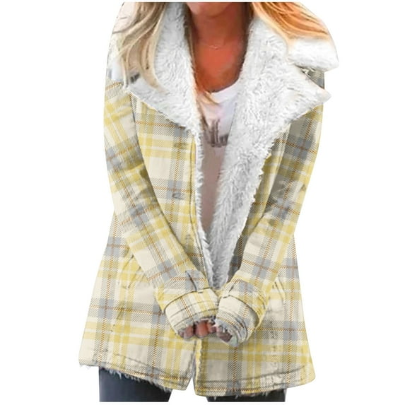 Winter Warm Zip Up Jackets for Womens Fashion Plus Size Plaid Printed Fashionable Long Sleeved Pocket Composite Plush Button Coat Gifts for Womens