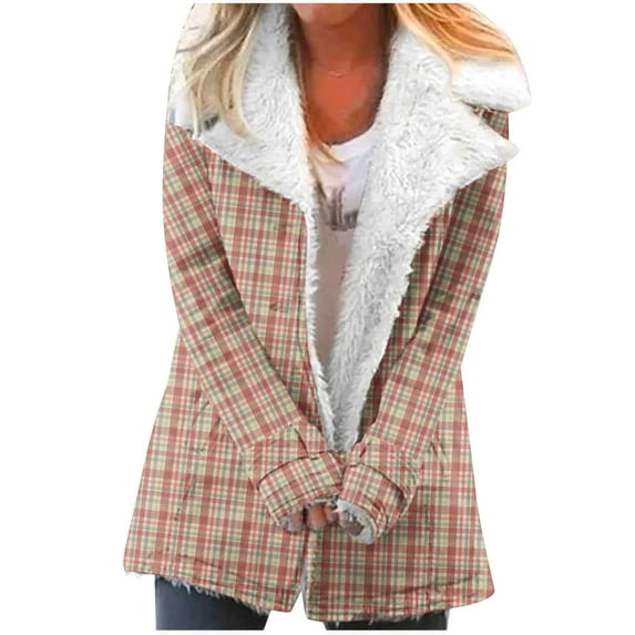 Winter Warm Zip Up Jackets for Womens Fashion Plus Size Plaid Printed Fashionable Long Sleeved Pocket Composite Plush Button Coat Gifts for Womens