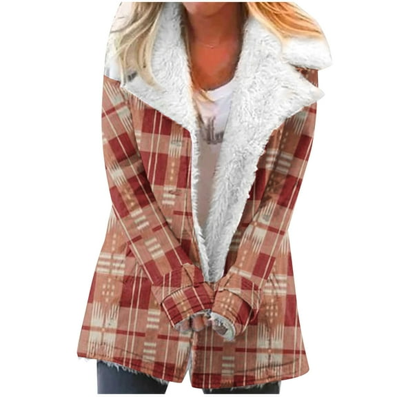 Winter Warm Zip Up Jackets for Womens Fashion Plus Size Plaid Printed Fashionable Long Sleeved Pocket Composite Plush Button Coat Gifts for Womens