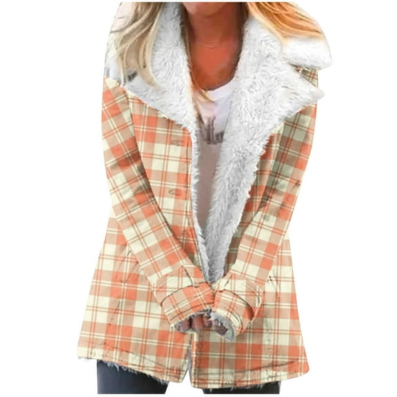 Winter Warm Zip Up Caots for Womens Fashion Plus Size Plaid Printed Fashionable Long Sleeved Pocket Composite Plush Button Coat