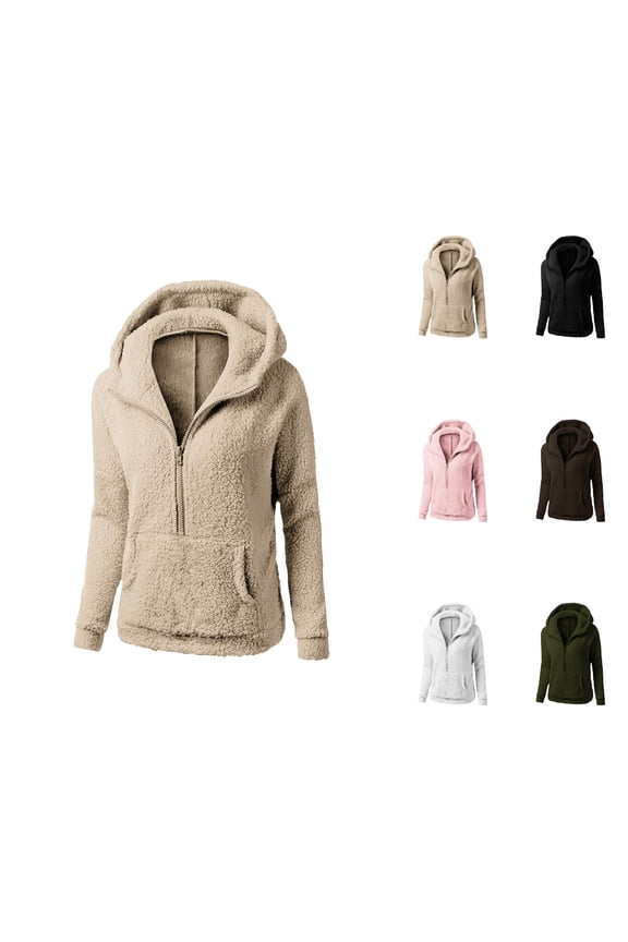 Winter Warm Zip-Up Hooded Sweater Coat for Women â Soft Sherpa Fuzzy , Long Sleeve Plush Casual Outerwear Jacket for Cold Weather Comfort & Style