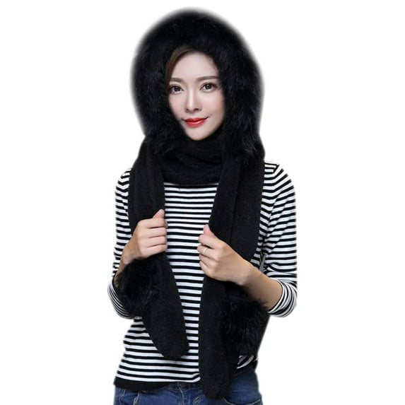 Winter Warmer Hat Gloves Scarf Pocket 3 In 1 Set, Thick Long Fleece Hoodie Women Earflap Headscarf Ear Cuff Costume Cap