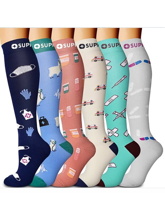 Winter Warmth Compression Socks 6 Pack Printed Athletic Crew Socks with Gentle Pressure for Adults