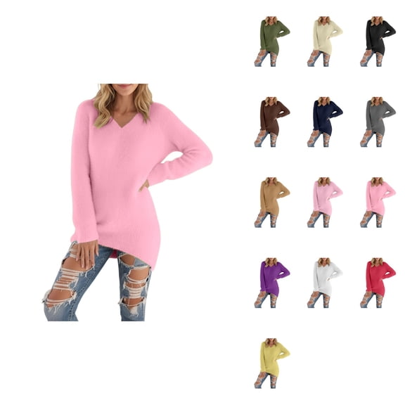 Winter Warmth Solid V-Neck Long Sleeve Fuzzy Pullover Sweater for Women – Plus Size Casual Thermal Soft Comfort Top for Fall & Winter