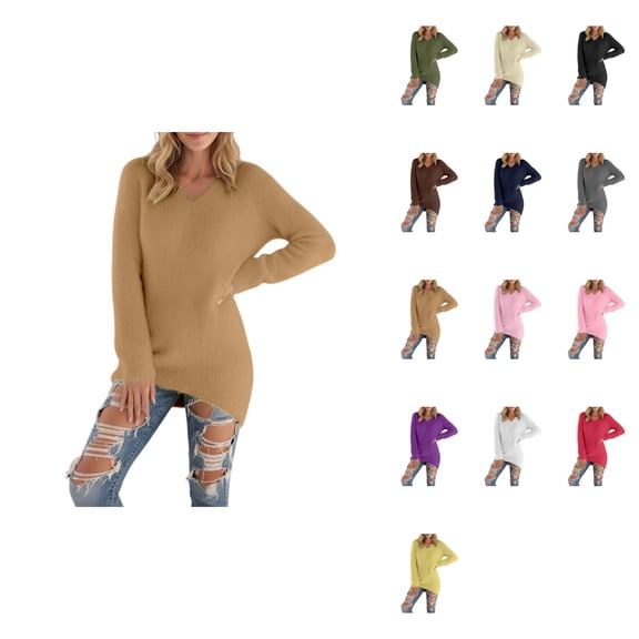 Winter Warmth Solid V-Neck Long Sleeve Fuzzy Pullover Sweater for Women – Plus Size Casual Thermal Soft Comfort Top for Fall & Winter