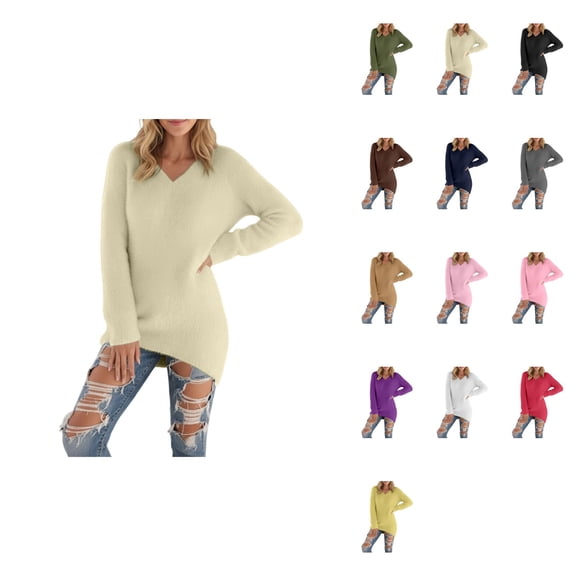 Winter Warmth Solid V-Neck Long Sleeve Fuzzy Pullover Sweater for Women – Plus Size Casual Thermal Soft Comfort Top for Fall & Winter