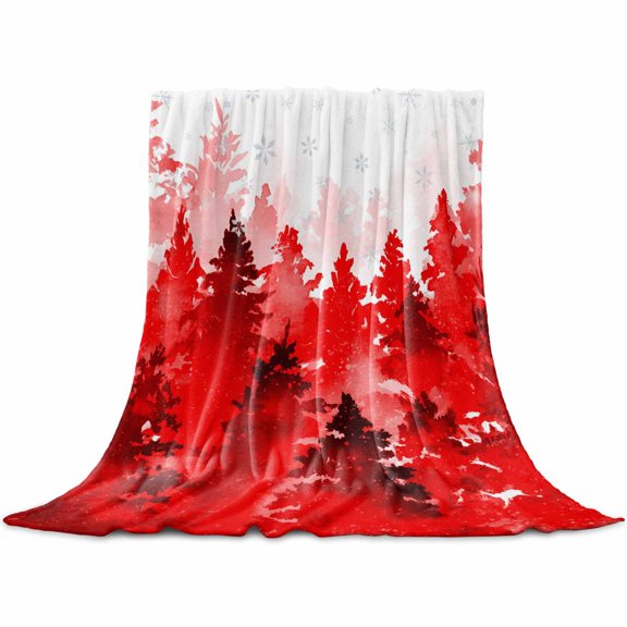 Winter Watercolor Red Trees Throw Flannel Blanket 32x48In Snowflake Plant Christmas Gradient Super Soft Cozy Bed Blanket, Lightweight Plush Fuzzy Bed Throw for Bedroom Sofa Couch Living Room