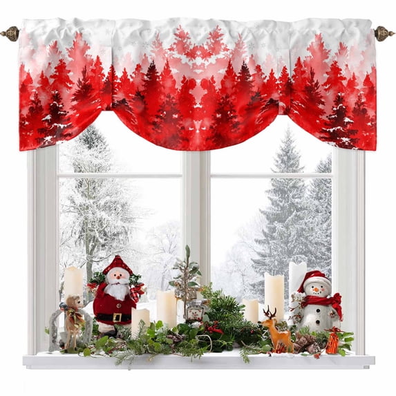 Winter Watercolor Red Trees Tie Up Valances Curtain, Snowflake Plant Christmas Gradient Adjustable Rod Pocket Short Window Treatment Tie Up Curtains Valances for Kitchen Living Room Bathroom 42x18 In