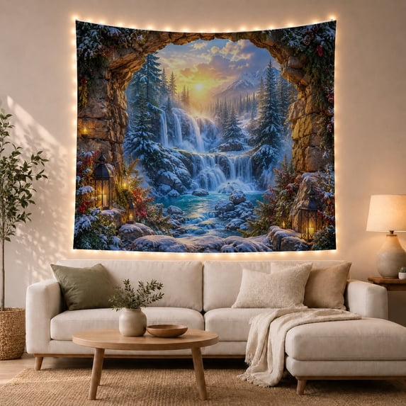 Winter Waterfall in Snowy Mountain Forest with Lanterns, Peaceful Fantasy for Nature Lovers, Alpine Decor, Christmas Gift, Tapestry Wall Hanging for Bedroom and Living Room