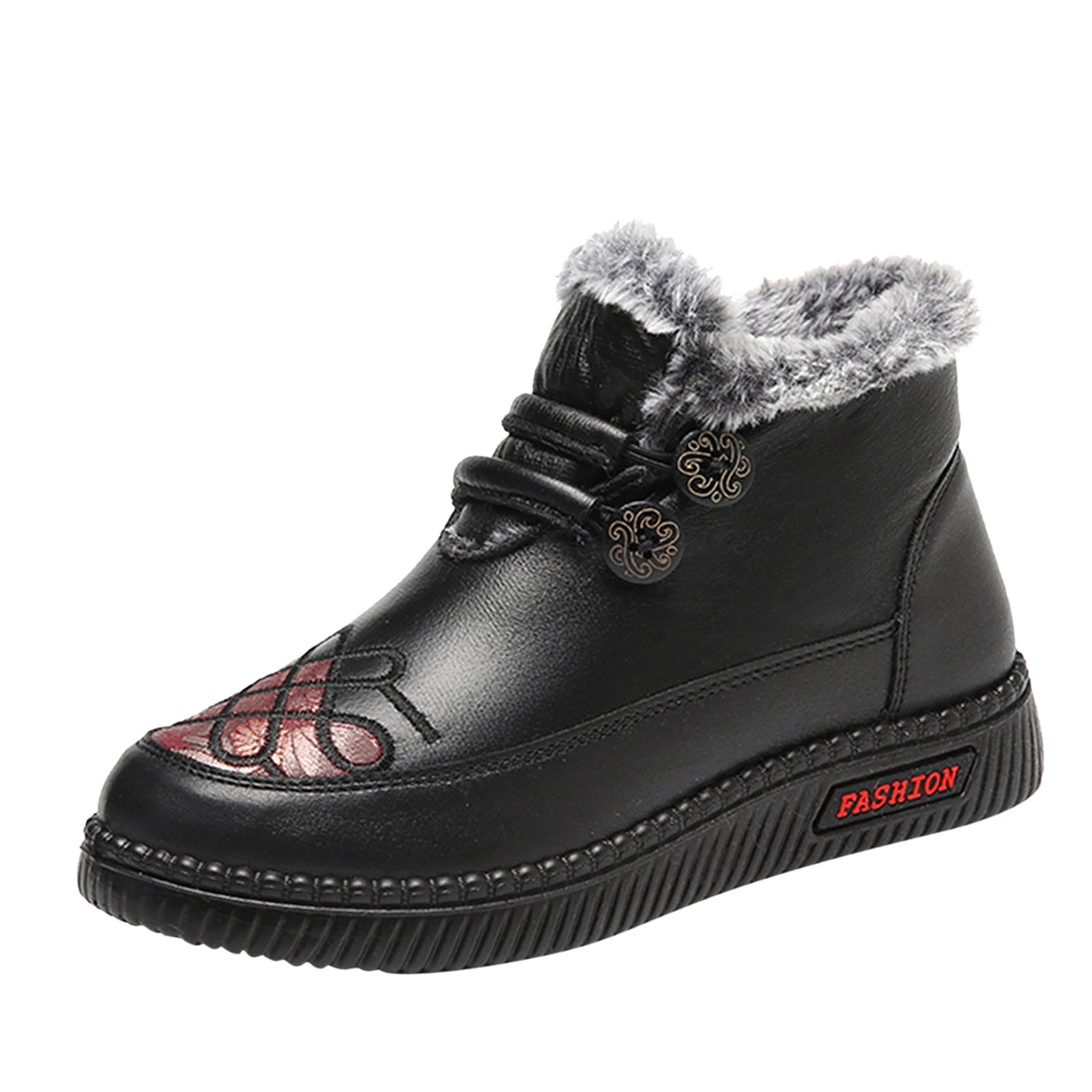 Winter Waterproof Slip On Warm Ankle Chukka Boots Snow Loafers Fashion Winter Snow Boots Flat Bottom Soft Bottom Non Slip Round Toe Flower Print Slip On High Top Plush For Warmth Comfort Size 6.5 Walm...