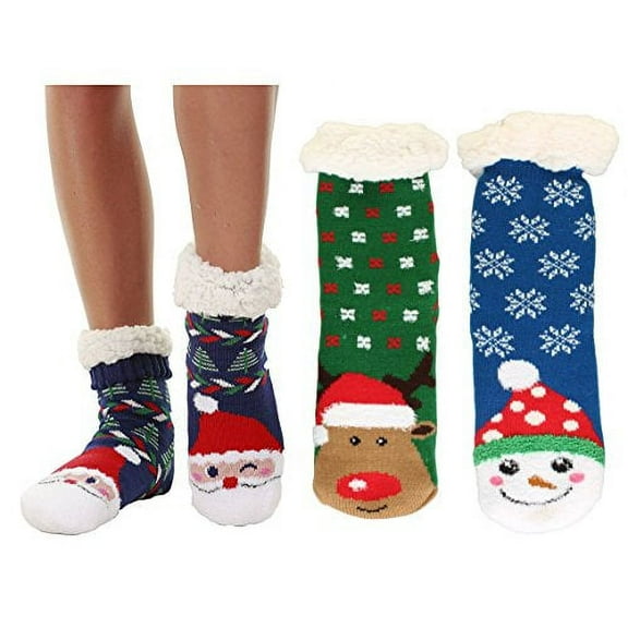 Winter-Weight Thermal Fleece-Lined Cozy Christmas Holiday Sherpa Lined Slipper Socks, 3 Pair Pack