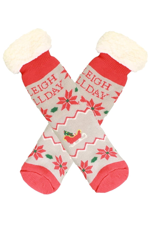 Winter-Weight Thermal Fleece-Lined Double Layer Cozy Christmas Ugly Holiday Sherpa Lined Crew Socks