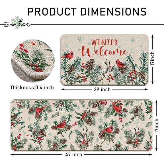 Winter Welcome Cardinal Kitchen Rugs Set of 2, Red Birds Pine Cone Pine Needle Kitchen Mats Decor, Holly Berry Seasonal Floor Door Mat Home Decorations - 17x30 and 17x47 Inch