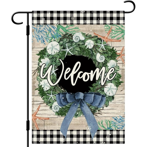 Winter Welcome Coastal Wreath Garden Flag White Xmas Garden Flag 12.5x18 Double Sided Vertical Rustic Farmhouse Yard Flag Christmas Outdoor Decor