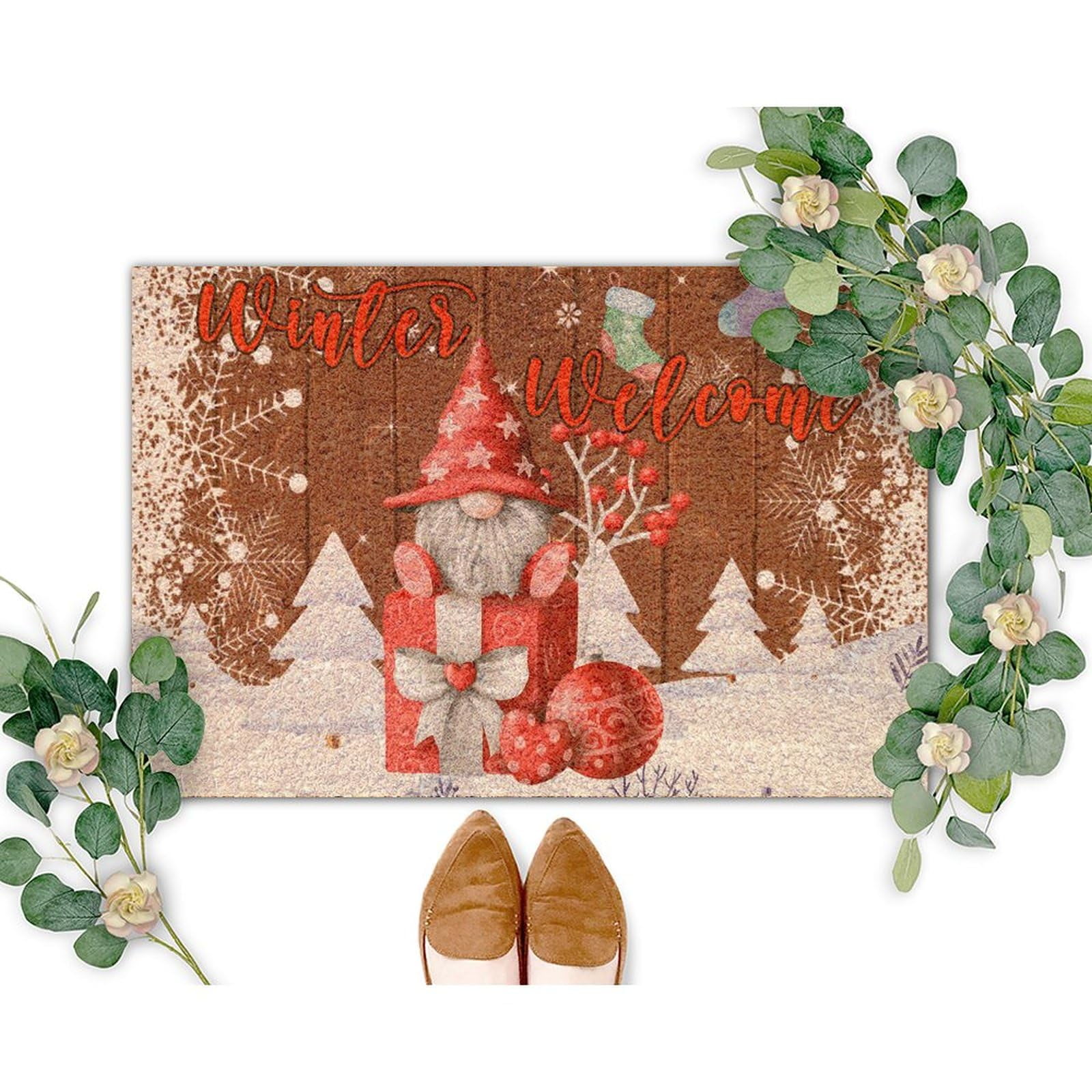 Winter Welcome Coir Mat Christmas Tree Gnome Snowflake Rug Merry and ...