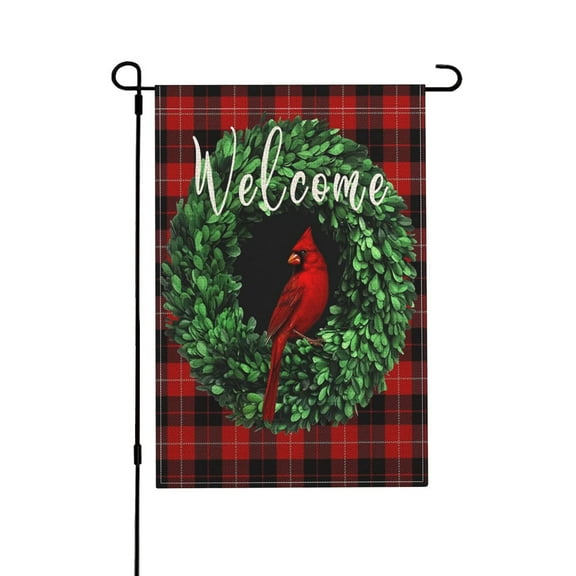 Winter Welcome Garden Flag Red Buffalo Plaid Cardinal with Coniferous Wreath,Winter Yard Flags for Outside 12x18inch