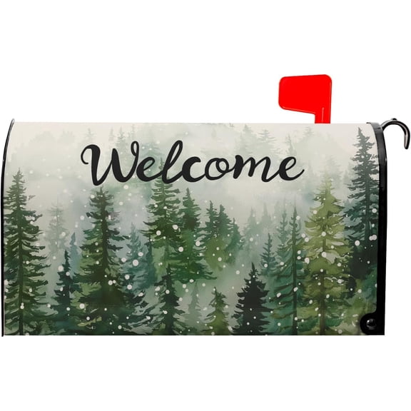 Winter Welcome Mailbox Cover Magnetic Standard Size 21"x 18" Green Winter Pine Tree Decorative Mail box Covers Christmas Snowflake Holiday Mailbox Wraps Post Letter Box Cover for Home Garden Yard