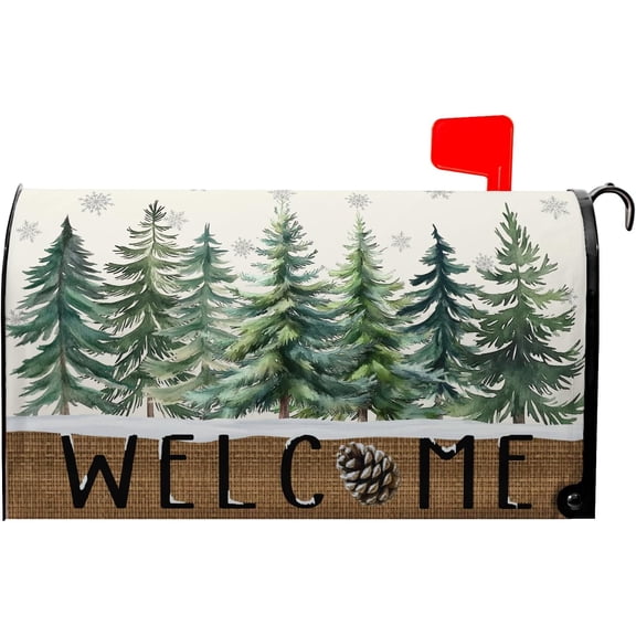 Winter Welcome Pine Tree Mailbox Covers Magnetic Xmas Snow Snowflake Mailbox Cover 21" X 18" Waterproof Mail Box Covers Magnetic Standard Size for Yard Home Decor