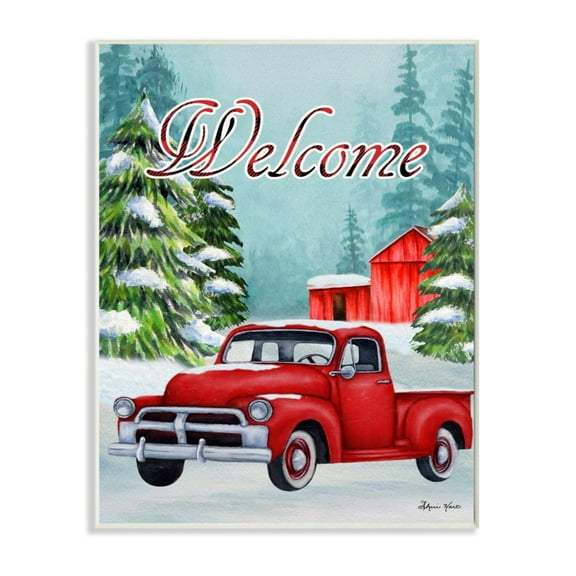 Winter Welcome Sign Red Truck Snow Barn 13 in x 19 in Framed Painting Art Prints, by Stupell Home Décor