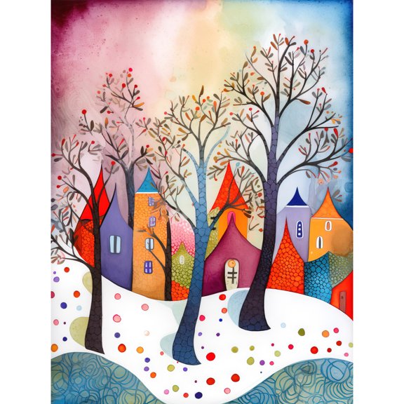 Winter Whimsy Forest Village Folk Art Unframed Wall Art Print Poster Home Decor Premium
