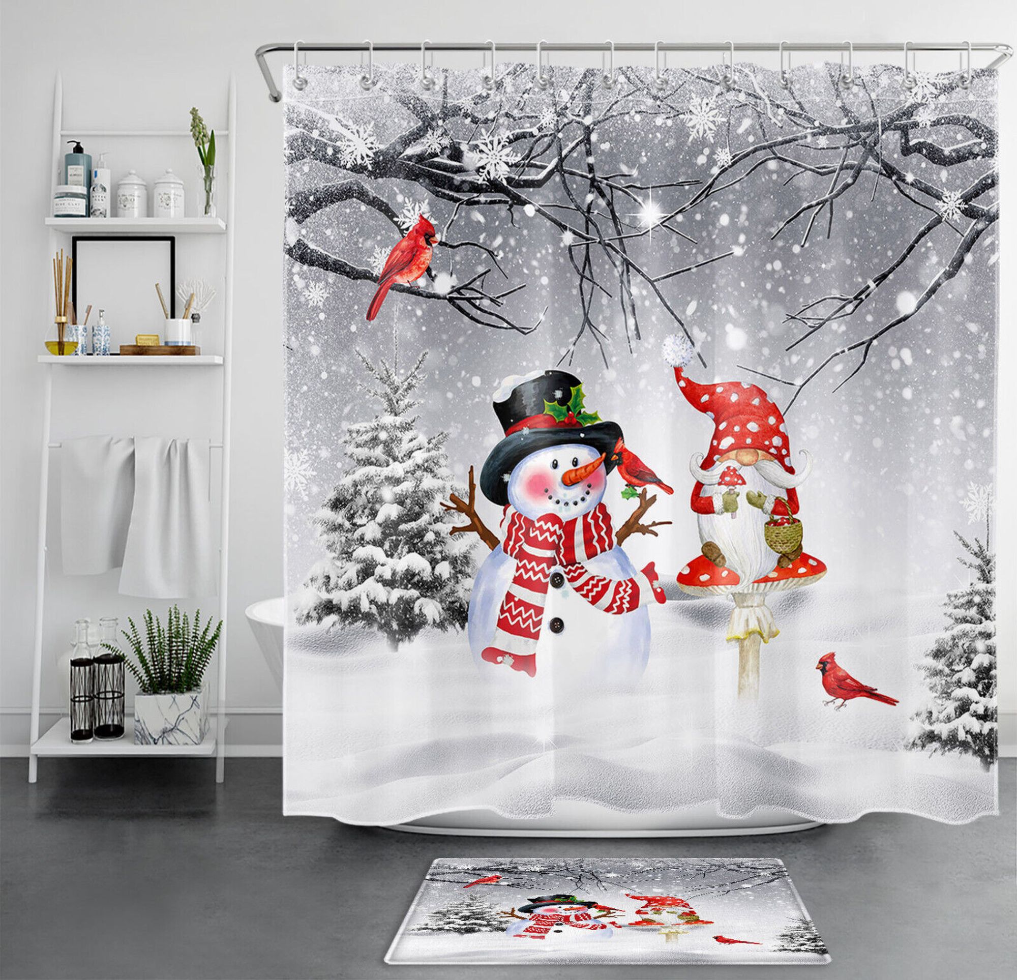 Winter Whimsy Gnome and Cardinal Shower Curtain Set for a Festive