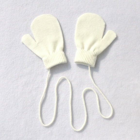 Fall Long Sleeve Thermal Cute Gloves for Kids White Children Winter Warm Solid Knitted With String