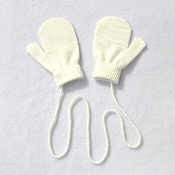 Fall Long Sleeve Thermal Cute Gloves for Kids White Children Winter Warm Solid Knitted With String