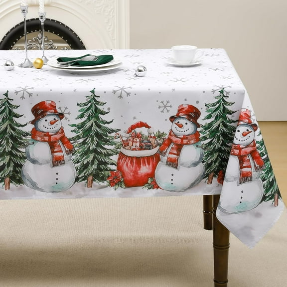 Winter White Christmas Rectangle Tablecloth - Printed Snowman Pattern, Washable & Stain Resistant Decorative Holiday Table Cover for Kitchen, Party, Dining Table Decor - 60 x 102 Inch