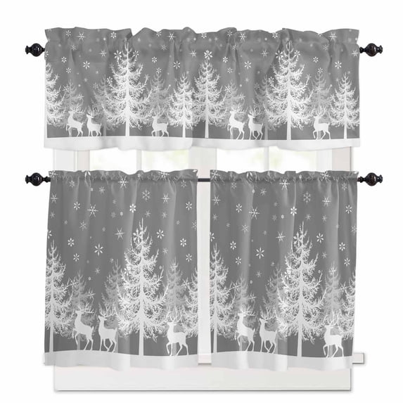 Winter White Elk Kitchen Curtains and Valances Set, Christmas Tree Snowflake Gray Background Rod Pocket Window Valance Window Curtain Panels for Living Room Bedroom Laundry, 27.5x24in, 3 Pieces