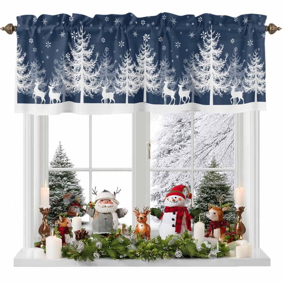 Winter White Elk Valances for Windows, 42 x 18in, Christmas Tree Snowflake Navy Background Rod Pocket Kitchen Valance Curtain Light Filtering Window Treatments for Living Room Bedroom, 1 Panel
