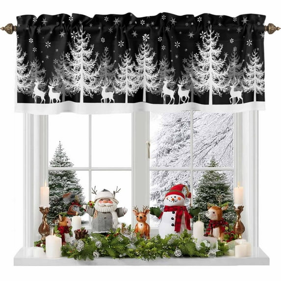 Winter White Elk Valances for Windows, 54 x 18in, Christmas Tree Snowflake Black Background Rod Pocket Kitchen Valance Curtain Light Filtering Window Treatments for Living Room Bedroom, 1 Panel